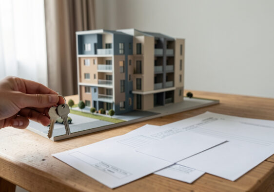 Clés d’un logement abordable devant un immeuble résidentiel moderne et des documents vierges évoquant les conditions de revente.