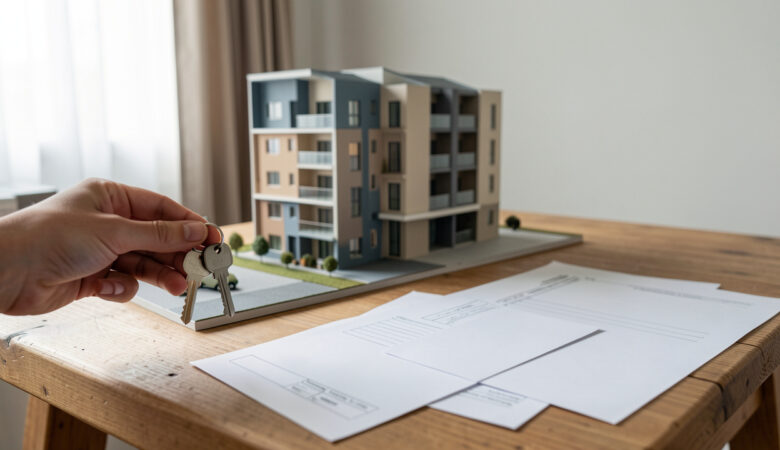 Clés d’un logement abordable devant un immeuble résidentiel moderne et des documents vierges évoquant les conditions de revente.