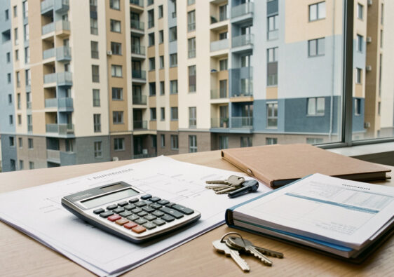 Immeuble résidentiel moderne accompagné de plans architecturaux, de clés, d’une calculatrice et de dossiers financiers, illustrant les décisions des investisseurs immobiliers engagés.