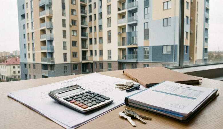 Immeuble résidentiel moderne accompagné de plans architecturaux, de clés, d’une calculatrice et de dossiers financiers, illustrant les décisions des investisseurs immobiliers engagés.