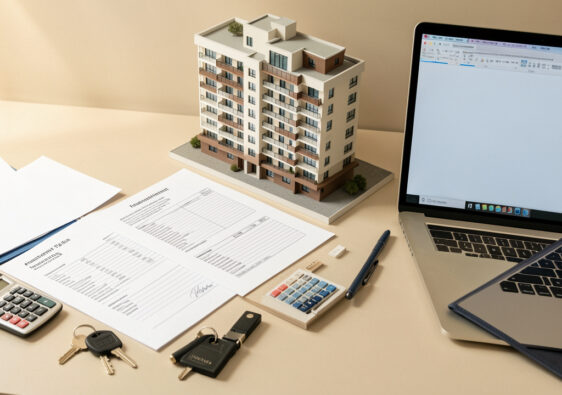 Documents vierges, calculatrice, clés et maquette d’un immeuble réunis pour illustrer la déclaration fiscale d’un investissement locatif.