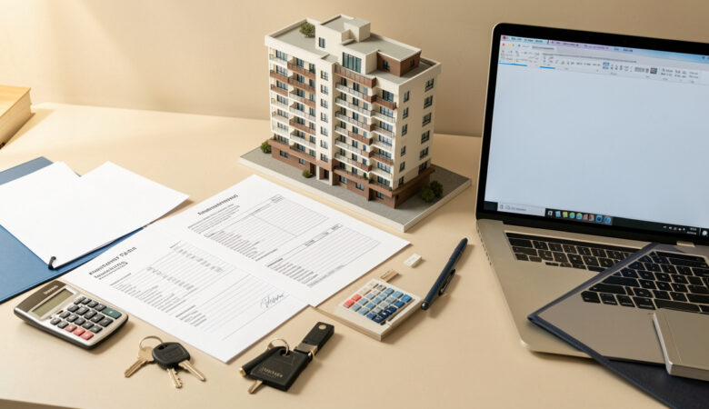 Documents vierges, calculatrice, clés et maquette d’un immeuble réunis pour illustrer la déclaration fiscale d’un investissement locatif.