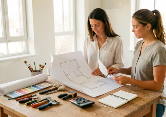 Femme examinant un plan vierge dans un appartement locatif en rénovation, entourée d’outils et de fournitures organisés avec soin.