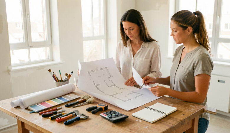 Femme examinant un plan vierge dans un appartement locatif en rénovation, entourée d’outils et de fournitures organisés avec soin.