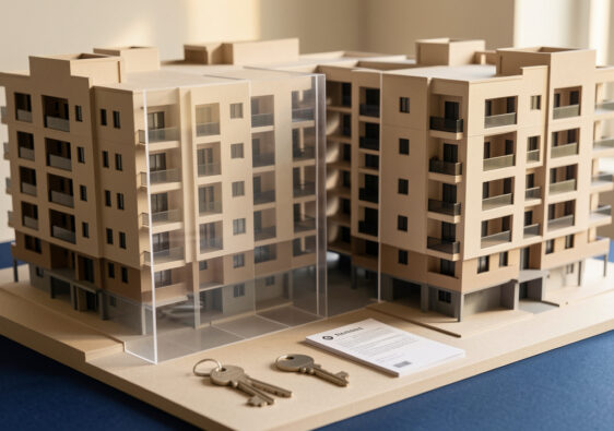 Maquette réaliste d’un immeuble résidentiel présentant une séparation claire entre deux composantes de propriété, avec des clés et des documents disposés autour.