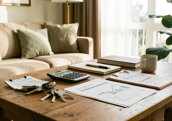 Intérieur élégant d’un appartement meublé avec des clés et des objets évoquant la préparation financière d’une activité de location professionnelle.