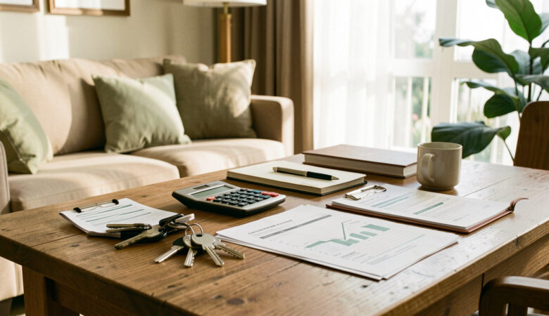 Intérieur élégant d’un appartement meublé avec des clés et des objets évoquant la préparation financière d’une activité de location professionnelle.