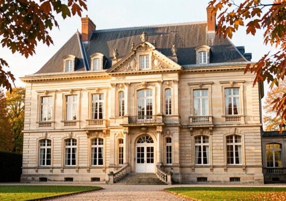 Façade élégante d’un manoir historique français restauré, entouré d’arbres aux couleurs automnales et éclairé par une douce lumière matinale.
