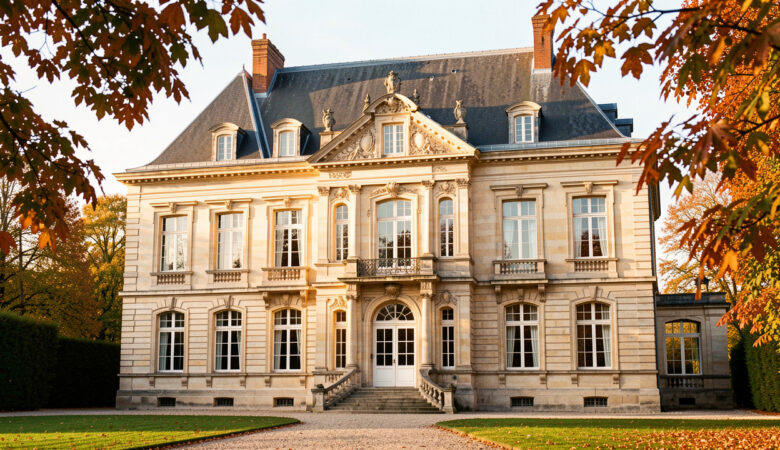Façade élégante d’un manoir historique français restauré, entouré d’arbres aux couleurs automnales et éclairé par une douce lumière matinale.