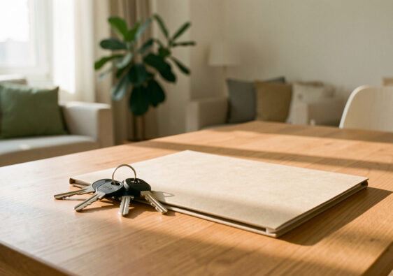 Appartement locatif lumineux avec des clés et un dossier immobilier posé sur une table, symbolisant la fin d’un engagement de location.