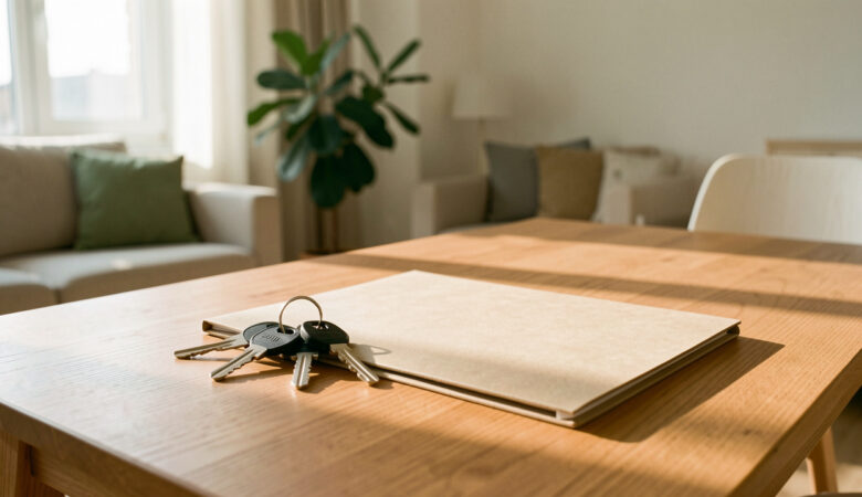 Appartement locatif lumineux avec des clés et un dossier immobilier posé sur une table, symbolisant la fin d’un engagement de location.