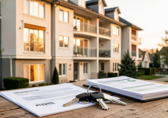 Immeuble résidentiel bien entretenu avec des clés et des documents financiers disposés sur une table, illustrant la réflexion sur l’avenir d’un investissement locatif arrivé au terme de son engagement.
