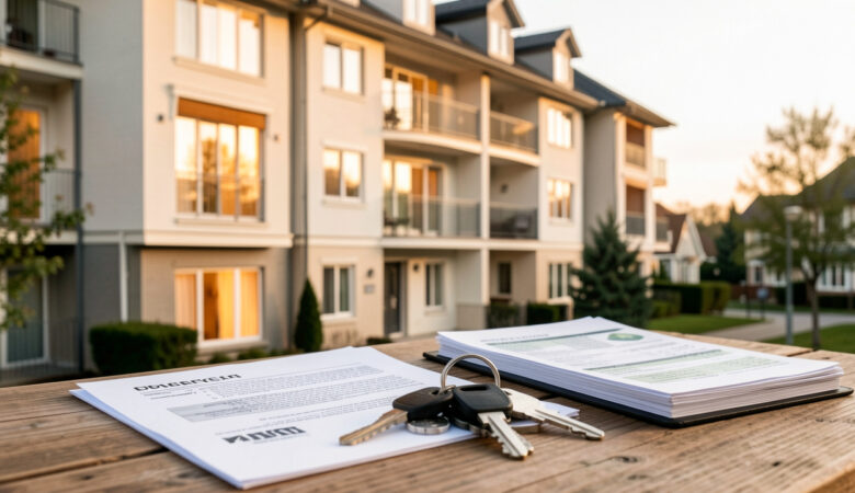 Immeuble résidentiel bien entretenu avec des clés et des documents financiers disposés sur une table, illustrant la réflexion sur l’avenir d’un investissement locatif arrivé au terme de son engagement.