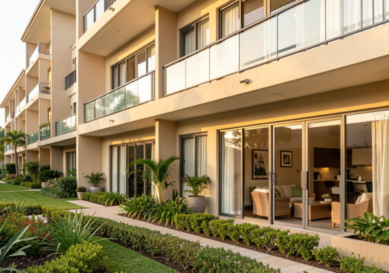 Immeuble de résidence services bien entretenu, entouré de jardins et doté d’espaces communs lumineux, illustrant la gestion d’un logement après la fin d’un avantage fiscal.