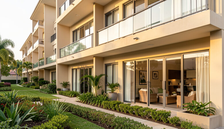 Immeuble de résidence services bien entretenu, entouré de jardins et doté d’espaces communs lumineux, illustrant la gestion d’un logement après la fin d’un avantage fiscal.