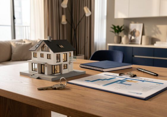 Intérieur d’un appartement contemporain avec une maquette de logement et une clé posées sur une table, illustrant un investissement immobilier sans gestion locative.
