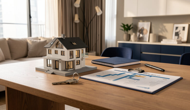 Intérieur d’un appartement contemporain avec une maquette de logement et une clé posées sur une table, illustrant un investissement immobilier sans gestion locative.