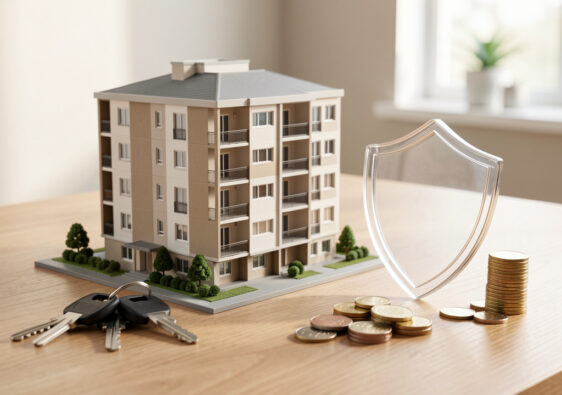 Maquette d’un immeuble résidentiel accompagnée de clés, d’un bouclier protecteur et de pièces soigneusement disposées, illustrant la sécurité d’un investissement locatif et les économies financières.