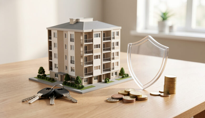 Maquette d’un immeuble résidentiel accompagnée de clés, d’un bouclier protecteur et de pièces soigneusement disposées, illustrant la sécurité d’un investissement locatif et les économies financières.