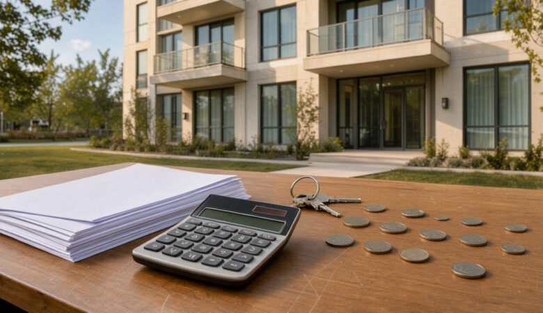 Immeuble résidentiel moderne associé à des documents financiers, une calculatrice, des clés et des pièces disposés sur un bureau.