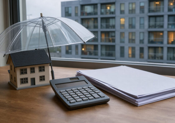 Immeuble résidentiel miniature accompagné d’un parapluie protecteur, d’une calculatrice et de documents vierges, illustrant la protection d’un investissement locatif face à des revenus incertains.