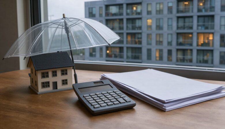 Immeuble résidentiel miniature accompagné d’un parapluie protecteur, d’une calculatrice et de documents vierges, illustrant la protection d’un investissement locatif face à des revenus incertains.