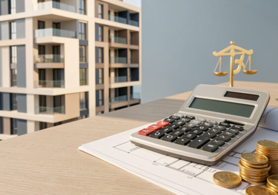 Illustration d’un immeuble résidentiel accompagné d’une calculatrice financière et de documents de projet, représentant l’intégration d’un avantage fiscal dans le calcul d’un crédit immobilier.