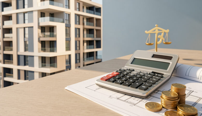 Illustration d’un immeuble résidentiel accompagné d’une calculatrice financière et de documents de projet, représentant l’intégration d’un avantage fiscal dans le calcul d’un crédit immobilier.