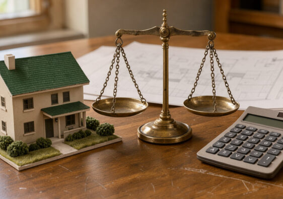 Maquette d’un logement locatif familial accompagnée d’une balance et d’une calculatrice, symbolisant un choix fiscal.