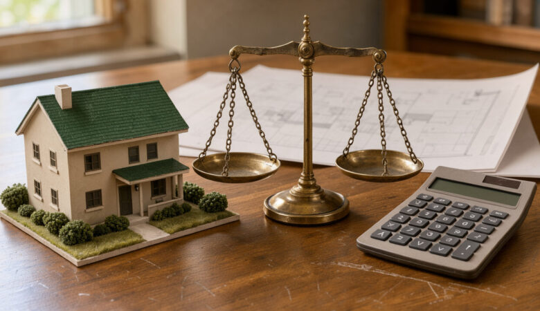 Maquette d’un logement locatif familial accompagnée d’une balance et d’une calculatrice, symbolisant un choix fiscal.