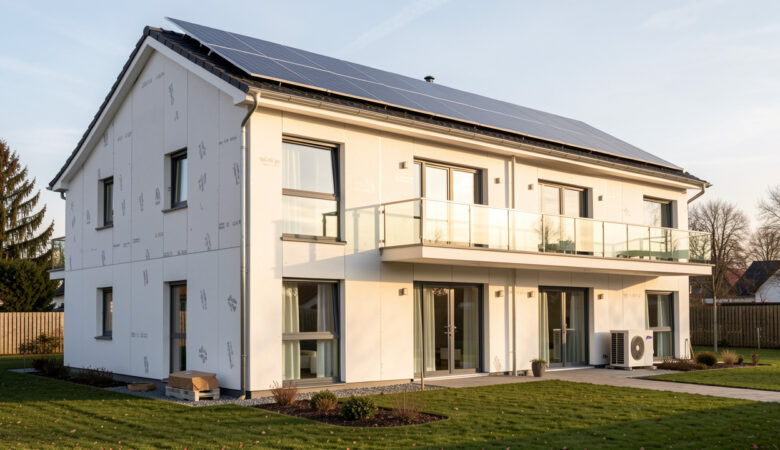 Immeuble résidentiel moderne en rénovation énergétique, entouré d’isolants, de panneaux solaires et d’une pompe à chaleur, avec une balance symbolisant l’équilibre de la trésorerie.