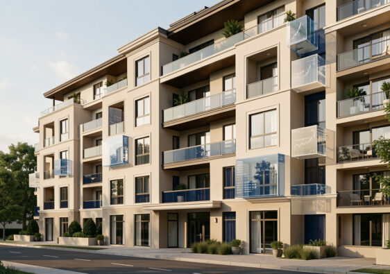 Immeuble résidentiel moderne associé à une balance architecturale et à des blocs financiers symbolisant la réintégration des amortissements dans le calcul de la plus-value.