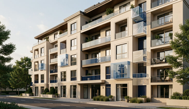 Immeuble résidentiel moderne associé à une balance architecturale et à des blocs financiers symbolisant la réintégration des amortissements dans le calcul de la plus-value.
