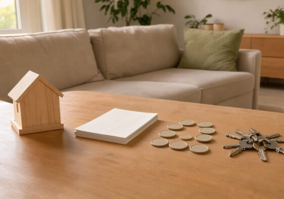 Intérieur lumineux d’un appartement meublé avec des clés, des documents vierges et des éléments symbolisant la gestion réfléchie des revenus locatifs.