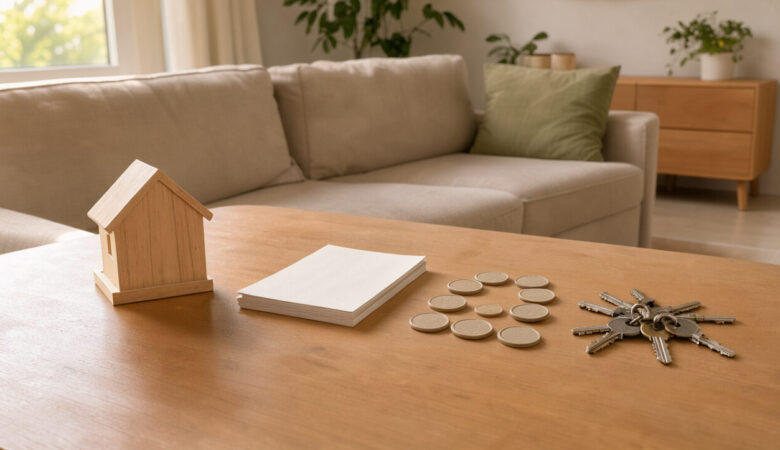 Intérieur lumineux d’un appartement meublé avec des clés, des documents vierges et des éléments symbolisant la gestion réfléchie des revenus locatifs.