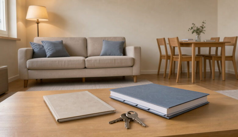 Intérieur d’un appartement meublé avec des clés et deux dossiers comptables vierges illustrant la comparaison entre deux régimes fiscaux.