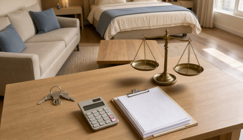 Intérieur d’un appartement meublé touristique avec des clés, une calculatrice, des documents vierges soigneusement rangés et une balance symbolisant le choix d’un régime fiscal.