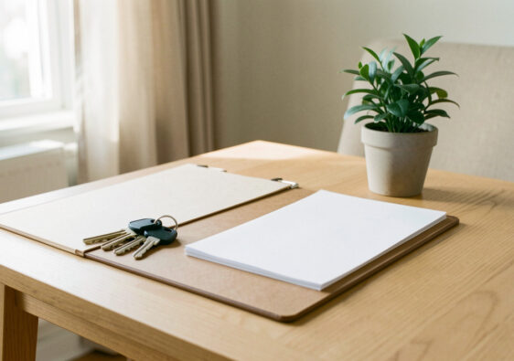 Intérieur lumineux d’un appartement avec des clés et un dossier de documents vierges posés sur une table, évoquant la gestion d’un logement après la fin d’un engagement.