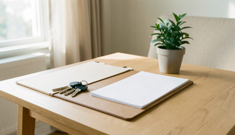 Intérieur lumineux d’un appartement avec des clés et un dossier de documents vierges posés sur une table, évoquant la gestion d’un logement après la fin d’un engagement.