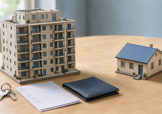 Maquette d’un immeuble résidentiel destinée à la location, avec des clés et des documents financiers vierges placés à côté d’une petite maison individuelle.