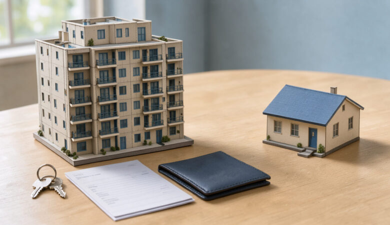 Maquette d’un immeuble résidentiel destinée à la location, avec des clés et des documents financiers vierges placés à côté d’une petite maison individuelle.