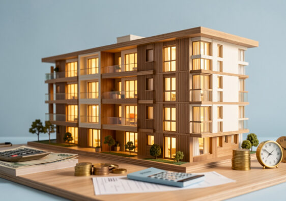 Immeuble résidentiel moderne éclairé par des fenêtres chaleureuses, accompagné d’une maquette architecturale et d’objets évoquant la planification financière d’un investissement locatif.