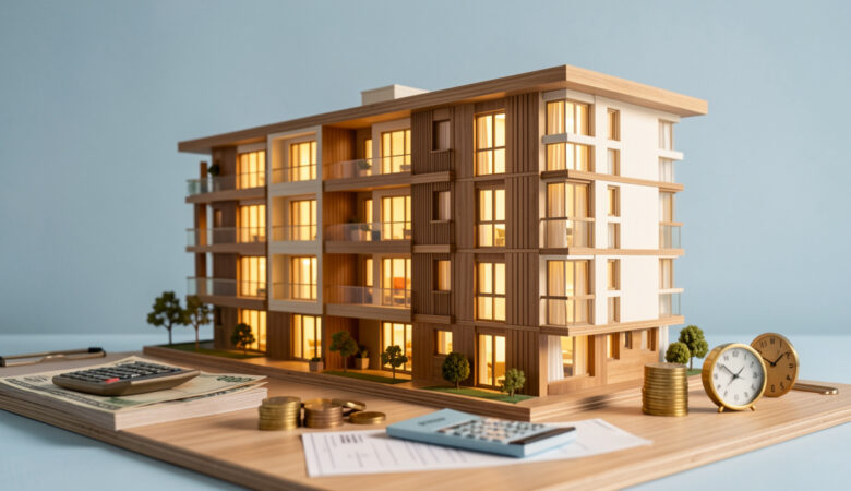 Immeuble résidentiel moderne éclairé par des fenêtres chaleureuses, accompagné d’une maquette architecturale et d’objets évoquant la planification financière d’un investissement locatif.