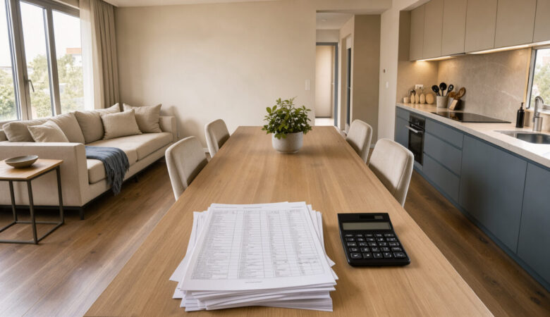 Intérieur moderne d’un appartement meublé avec des documents d’investissement et une calculatrice évoquant la gestion fiscale d’un bien locatif.