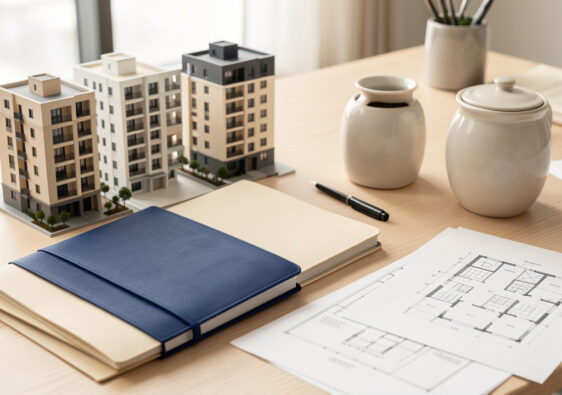 Maquettes d’immeubles résidentiels et éléments financiers évoquant l’investissement immobilier indirect et la réduction des impôts sans gestion locative directe.