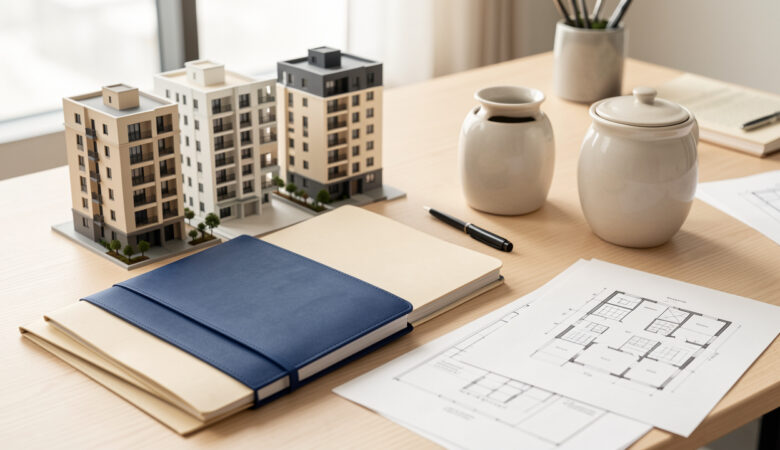Maquettes d’immeubles résidentiels et éléments financiers évoquant l’investissement immobilier indirect et la réduction des impôts sans gestion locative directe.