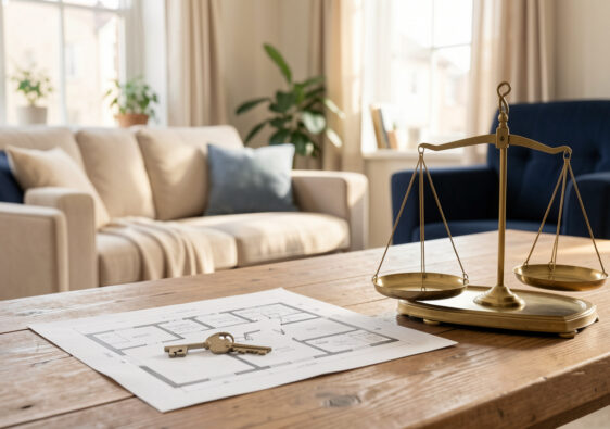 Appartement meublé lumineux avec clé, plans architecturaux vierges et balance symbolisant l’investissement locatif et l’évolution de la fiscalité.