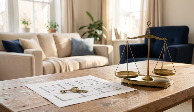 Appartement meublé lumineux avec clé, plans architecturaux vierges et balance symbolisant l’investissement locatif et l’évolution de la fiscalité.